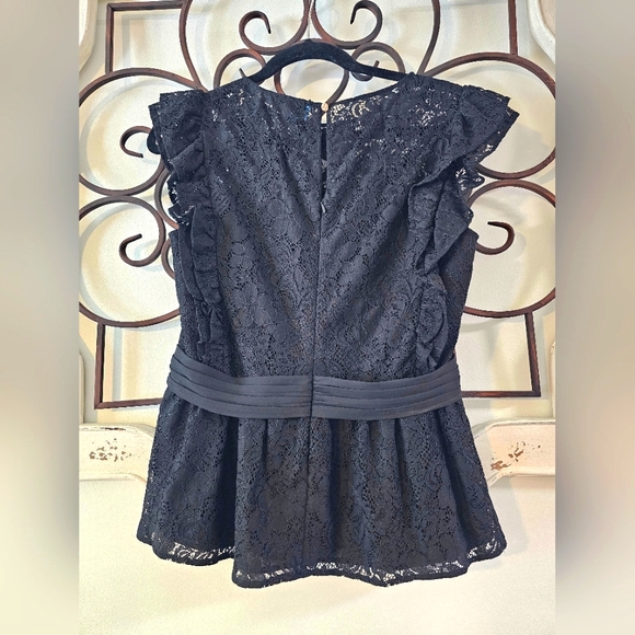 Black CeCe Lace Peplum Top with ruffled sleeves size S with a Bow accent - Picture 6 of 8